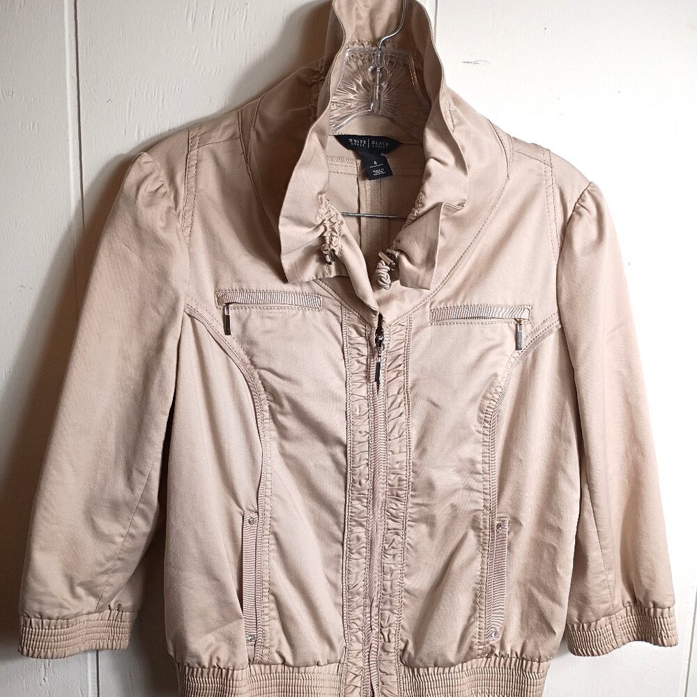 White House Black Market 3/4 Sleeve Ruffle Bomber Jacket Cream Womens 4 VTG